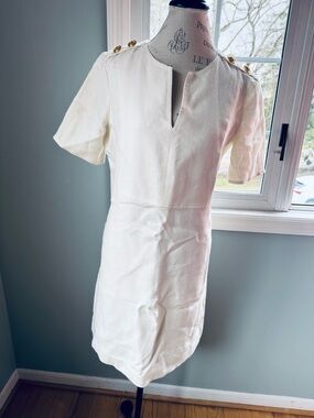 Tori Burch cream linen Hillary sheath dress  large gold logo buttons EUC size M